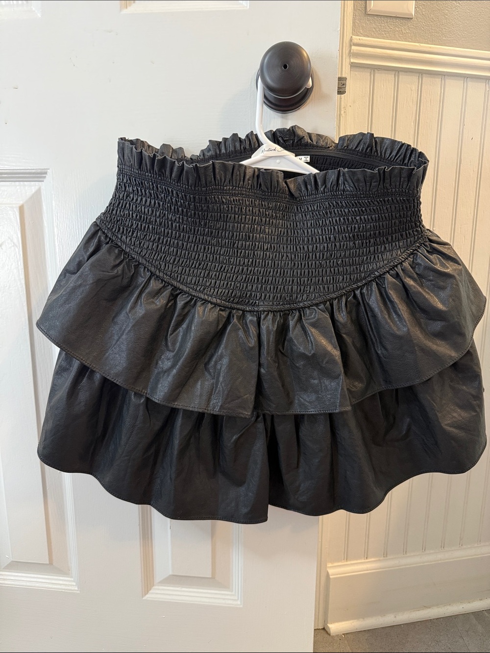 Faux Leather Black Smocked Ruffled Mini Skirt With Built In Shorts